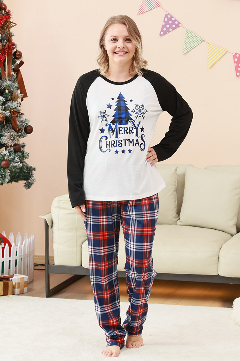 Black Blue Tree Print Family Christmas Pajamas