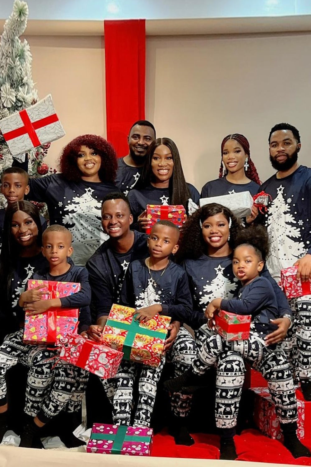 Christmas Family Navy Flannel White Christmas Tree Pajamas Set