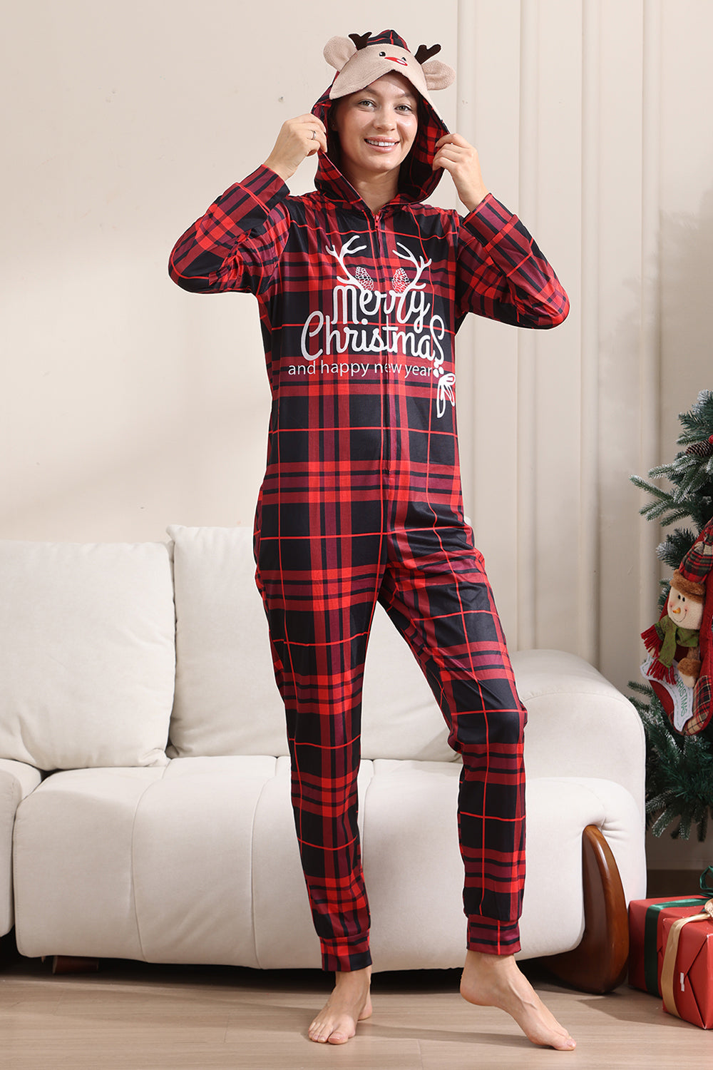 Red Merry Christmas Pajamas for Family Hooded One Piece Pjs Holiday Pajamas Set