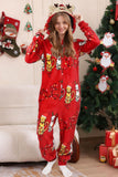 Red One Piece Cat Pattern Hooded Christmas Matching Family Pajamas