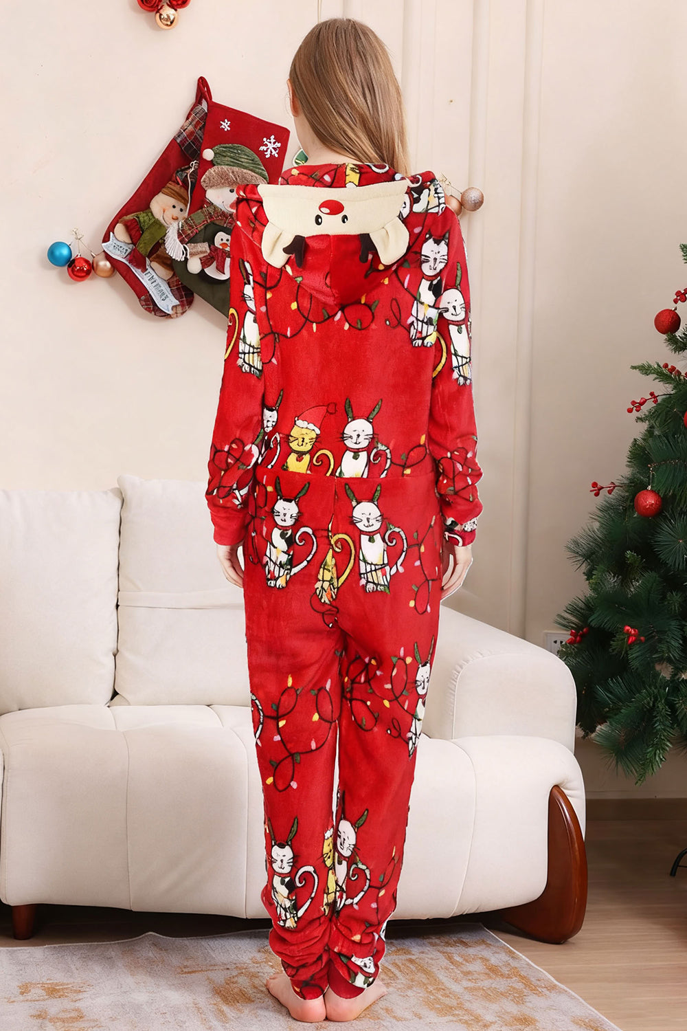 Red One Piece Cat Pattern Hooded Christmas Matching Family Pajamas