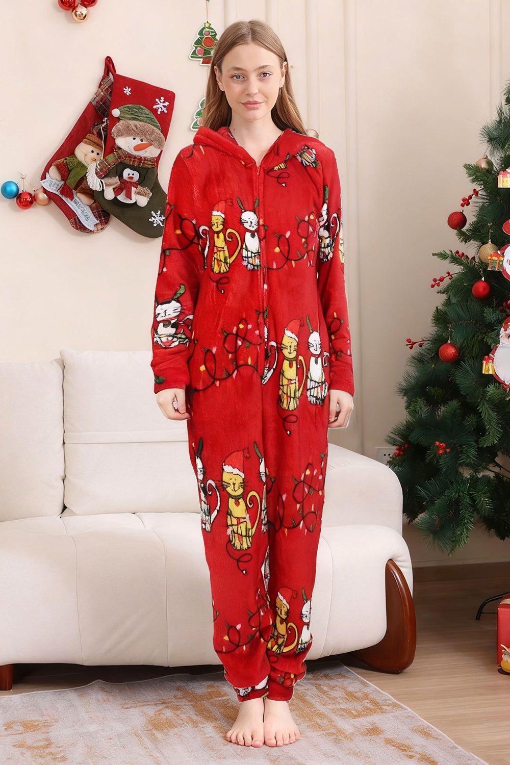 Red One Piece Cat Pattern Hooded Christmas Matching Family Pajamas