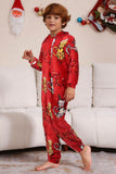 Red One Piece Cat Pattern Hooded Christmas Matching Family Pajamas