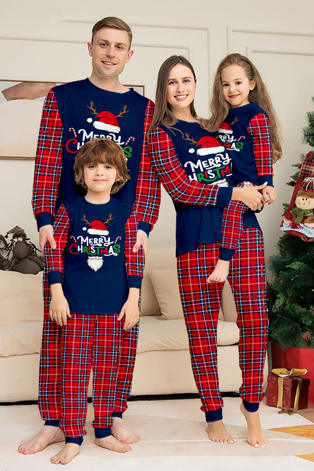 Red Navy Long Sleeves Plaid Pants Christmas Family Matching Pajamas