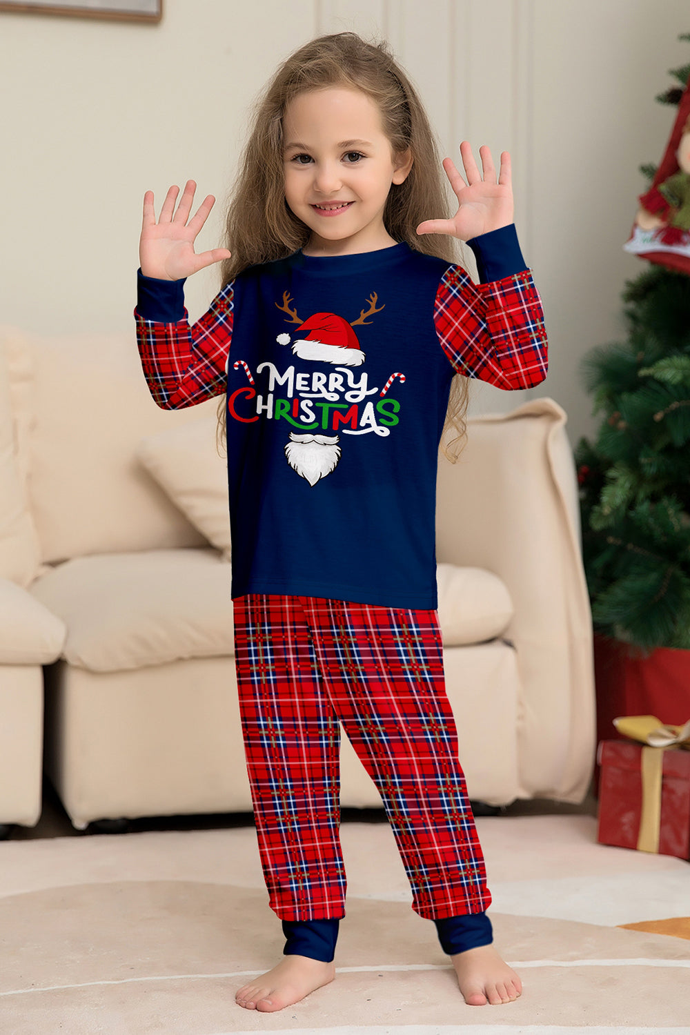 Red Navy Long Sleeves Plaid Pants Christmas Family Matching Pajamas