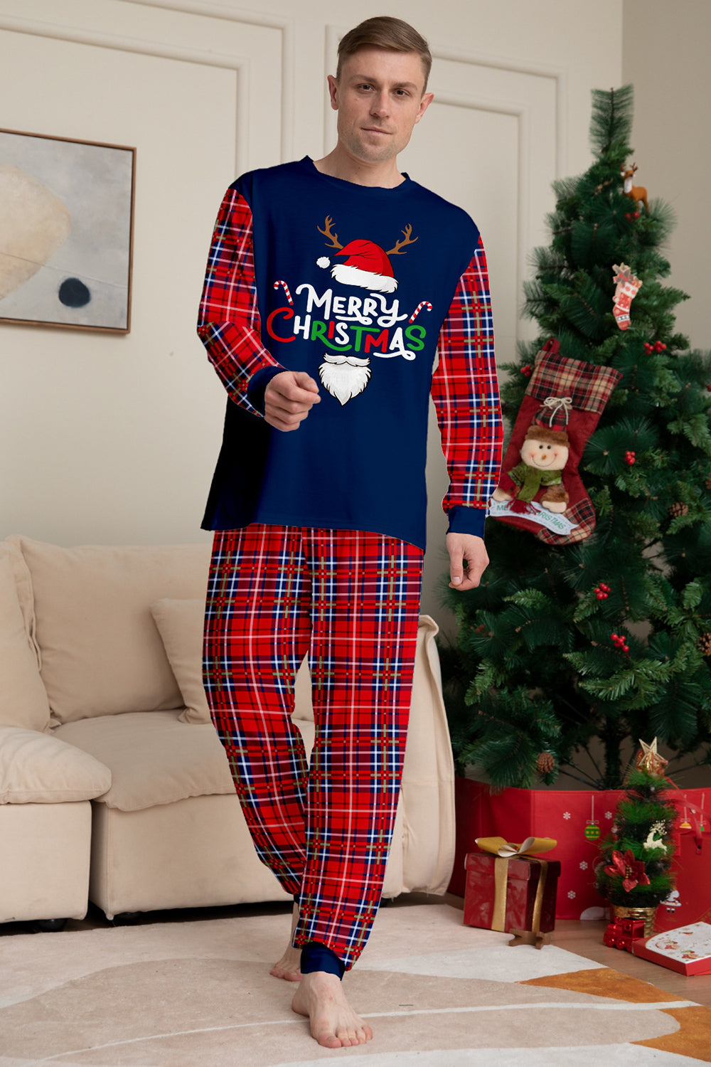 Red Navy Long Sleeves Plaid Pants Christmas Family Matching Pajamas
