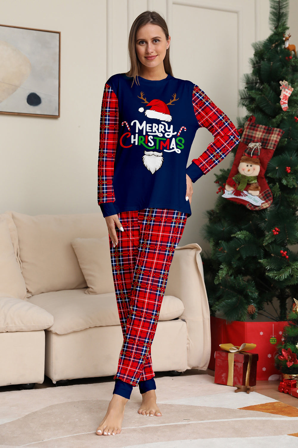 Red Navy Long Sleeves Plaid Pants Christmas Family Matching Pajamas