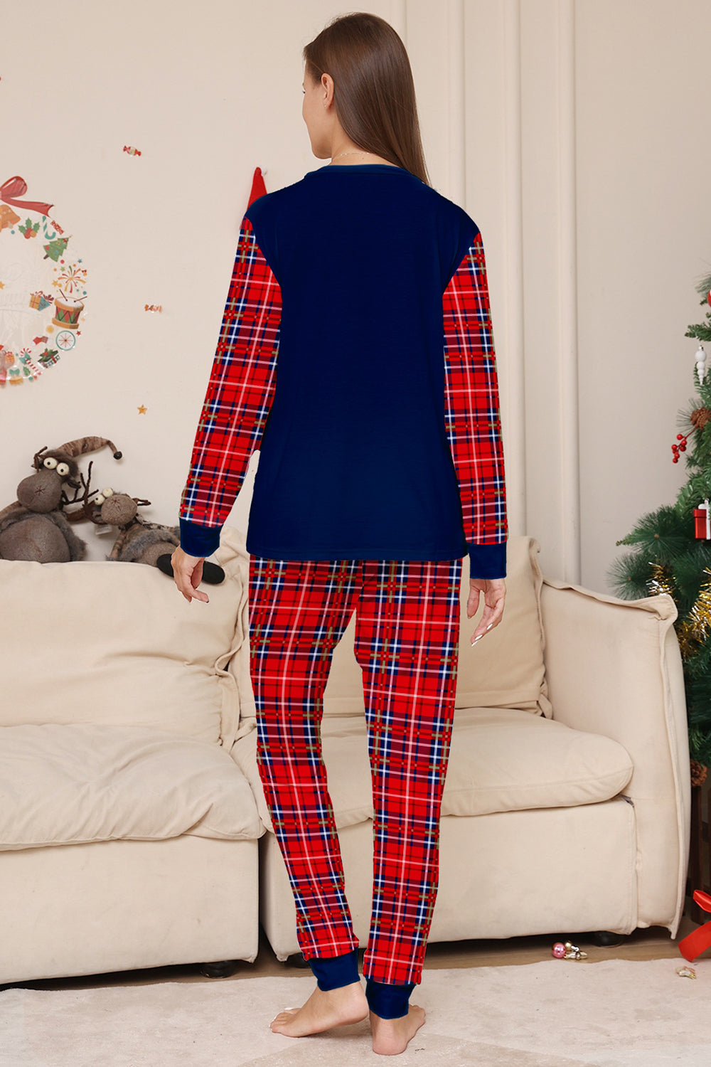 Red Navy Long Sleeves Plaid Pants Christmas Family Matching Pajamas