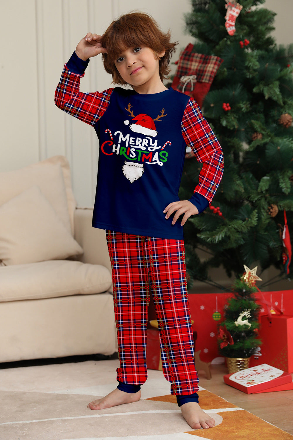 Red Navy Long Sleeves Plaid Pants Christmas Family Matching Pajamas