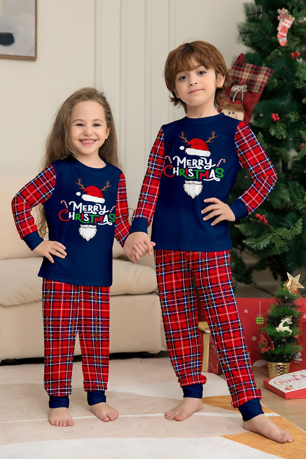 Red Navy Long Sleeves Plaid Pants Christmas Family Matching Pajamas