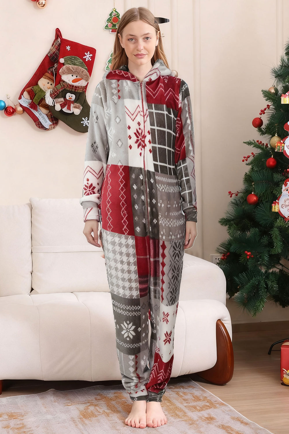 Grey Red One Piece Snowflake Printed Christmas Family Matching Pajamas