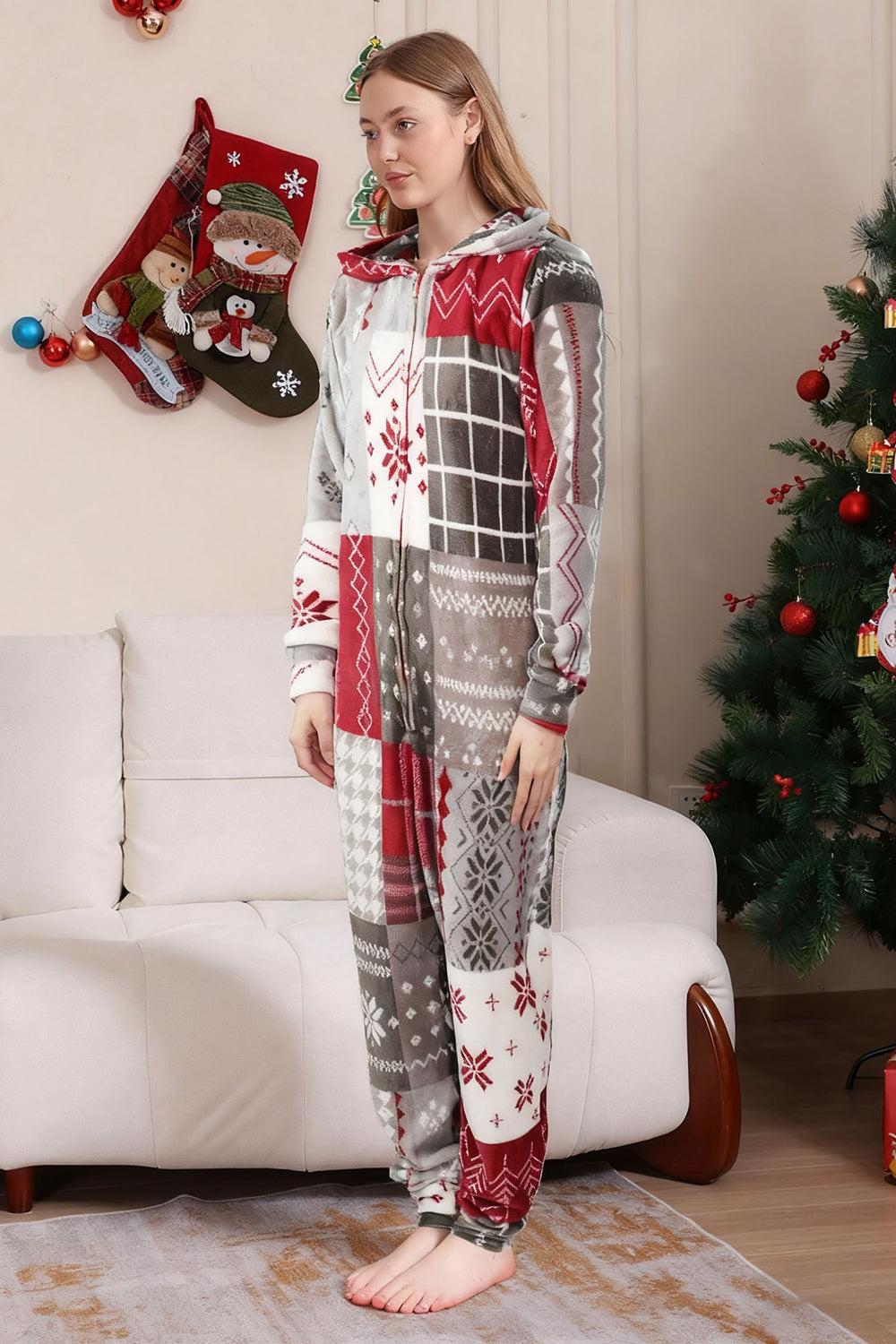 Grey Red One Piece Snowflake Printed Christmas Family Matching Pajamas