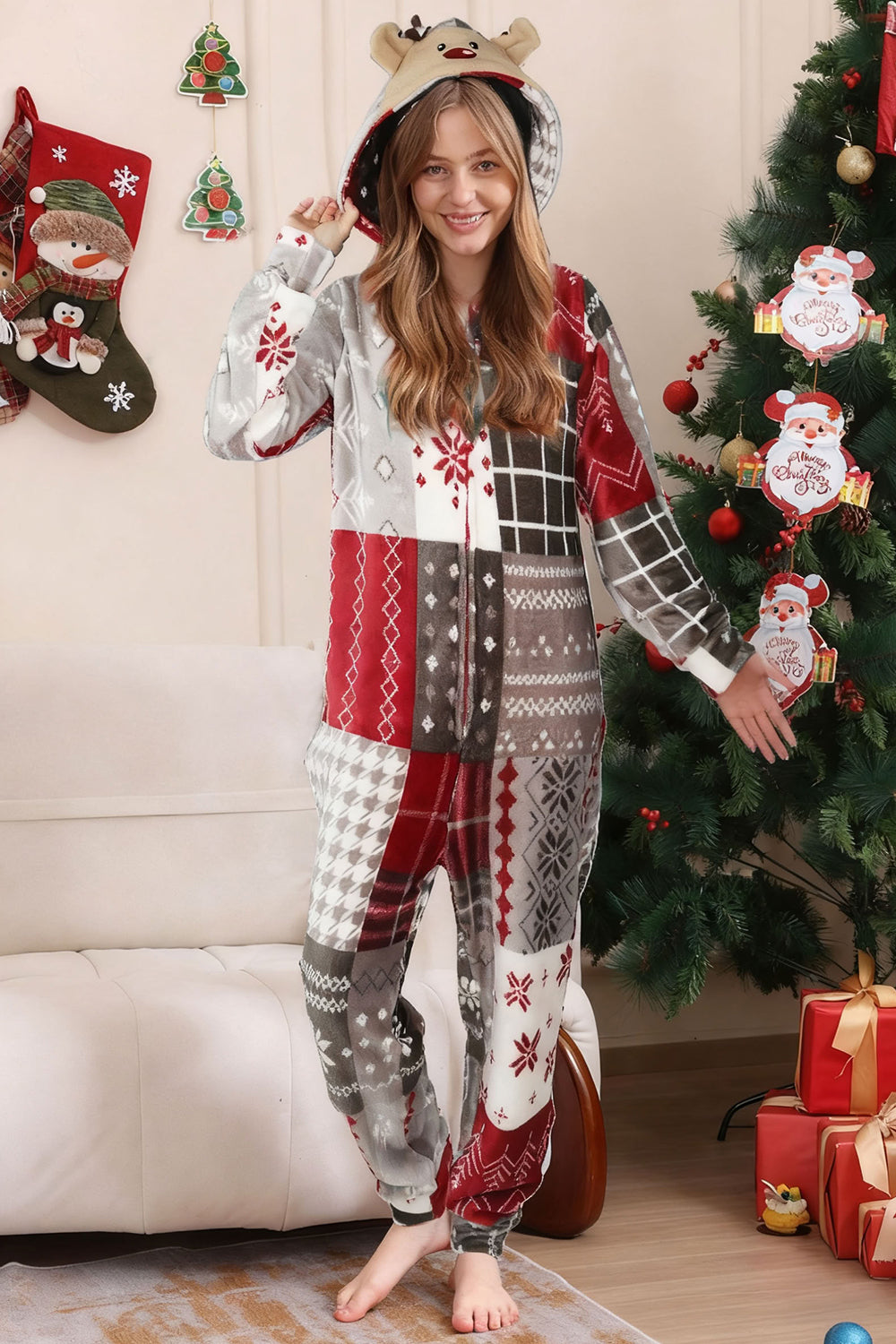 Grey Red One Piece Snowflake Printed Christmas Family Matching Pajamas