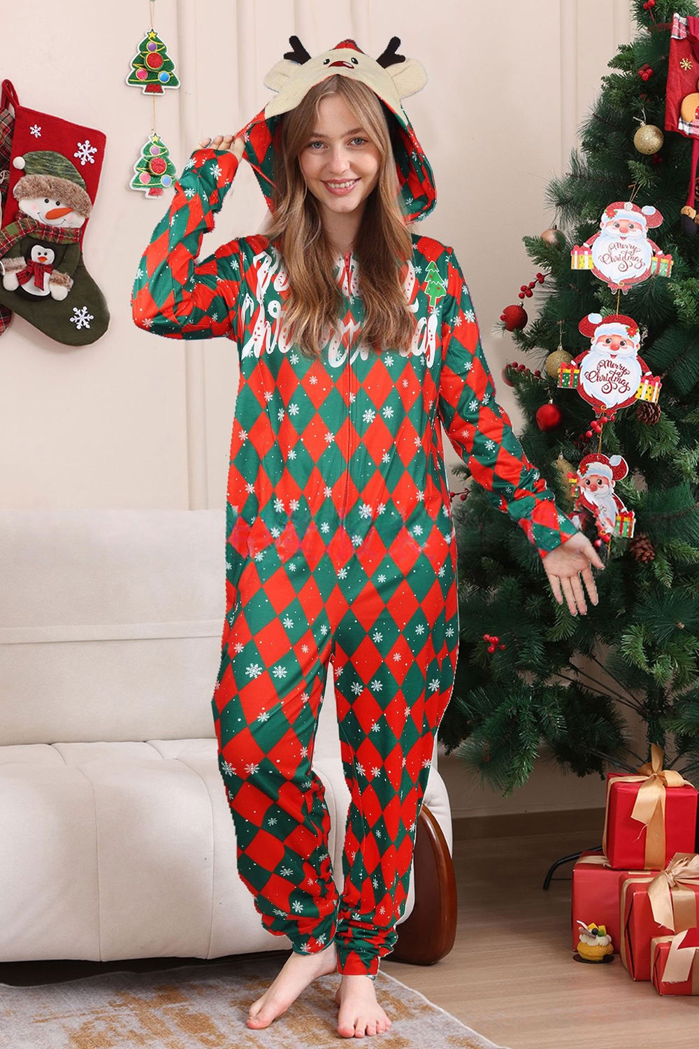 Green Red One Piece Snowflake Plaid Christmas Family Matching Pajamas