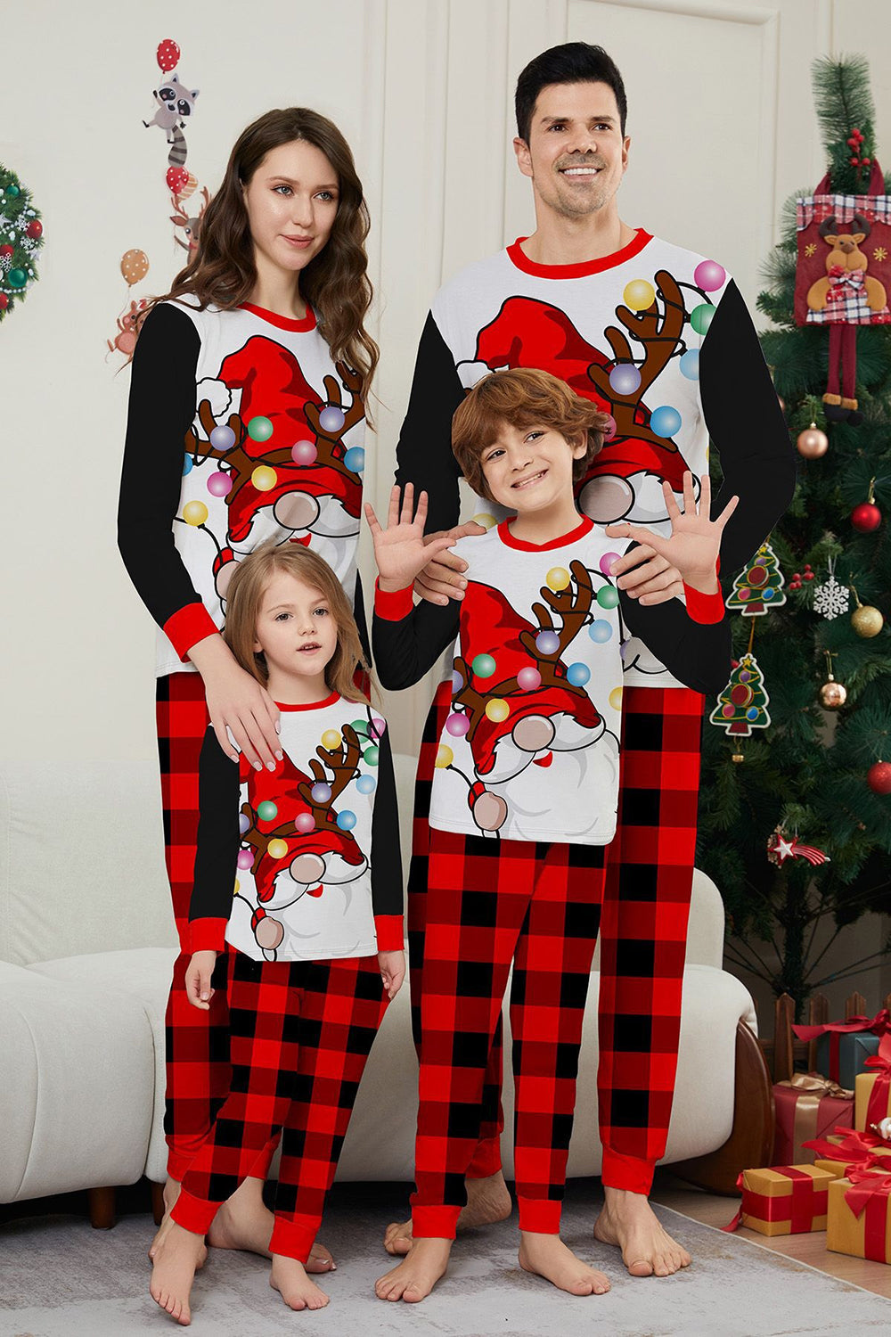 Black Red Santa Printed Plaid Pants Christmas Family Matching Pajamas