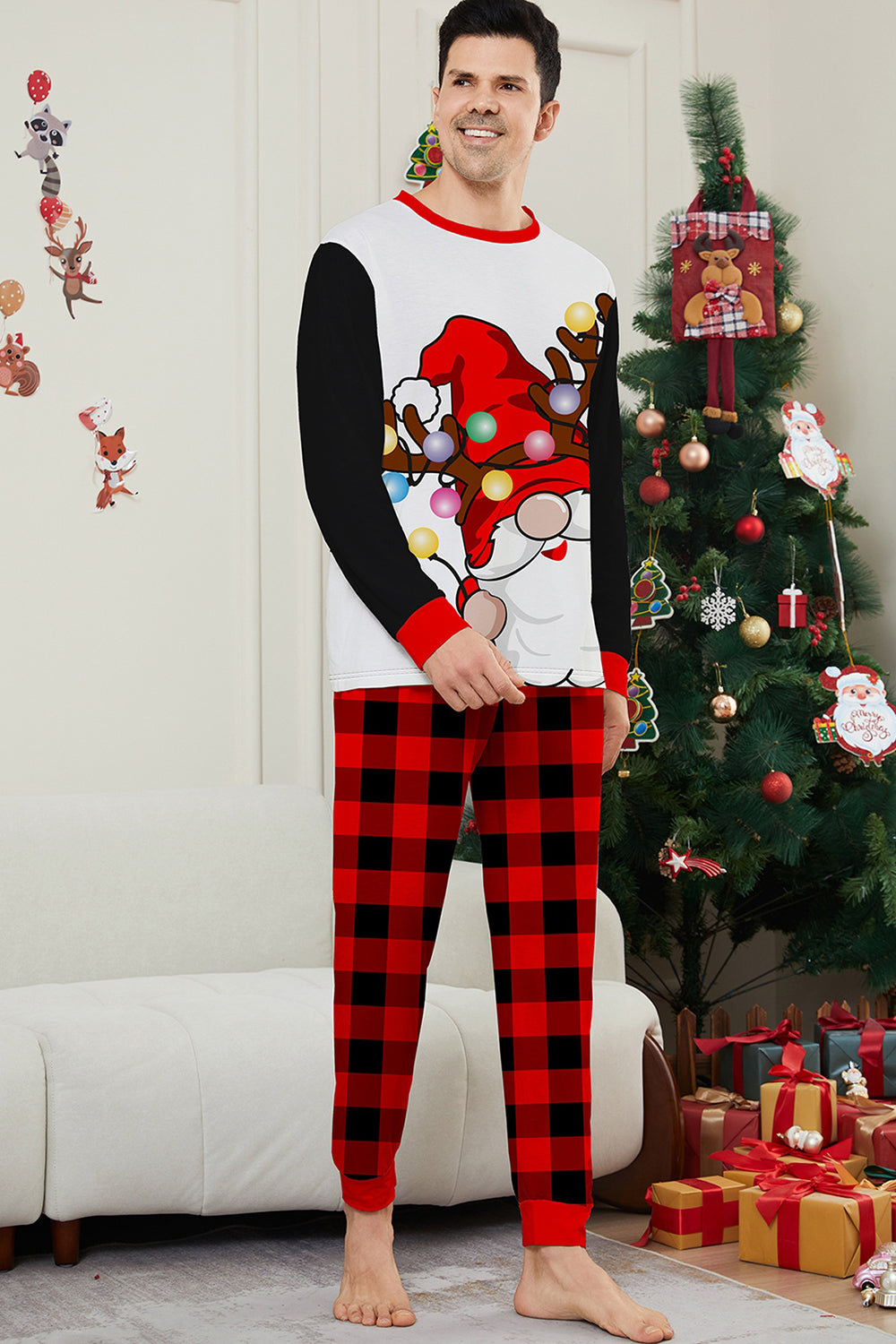 Black Red Santa Printed Plaid Pants Christmas Family Matching Pajamas