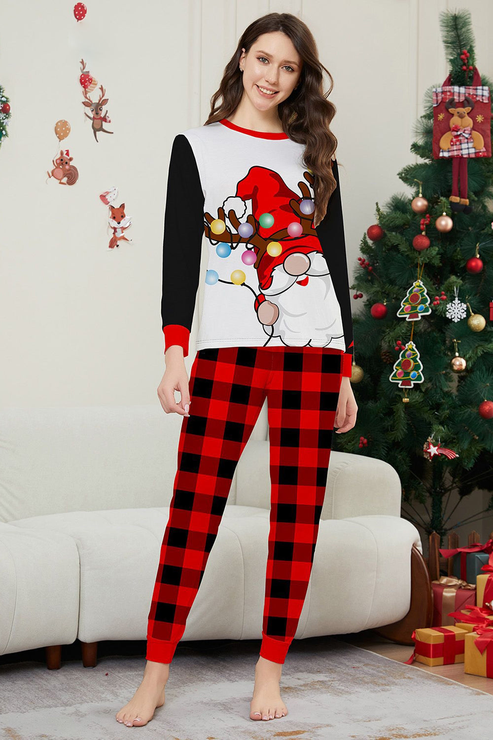 Black Red Santa Printed Plaid Pants Christmas Family Matching Pajamas