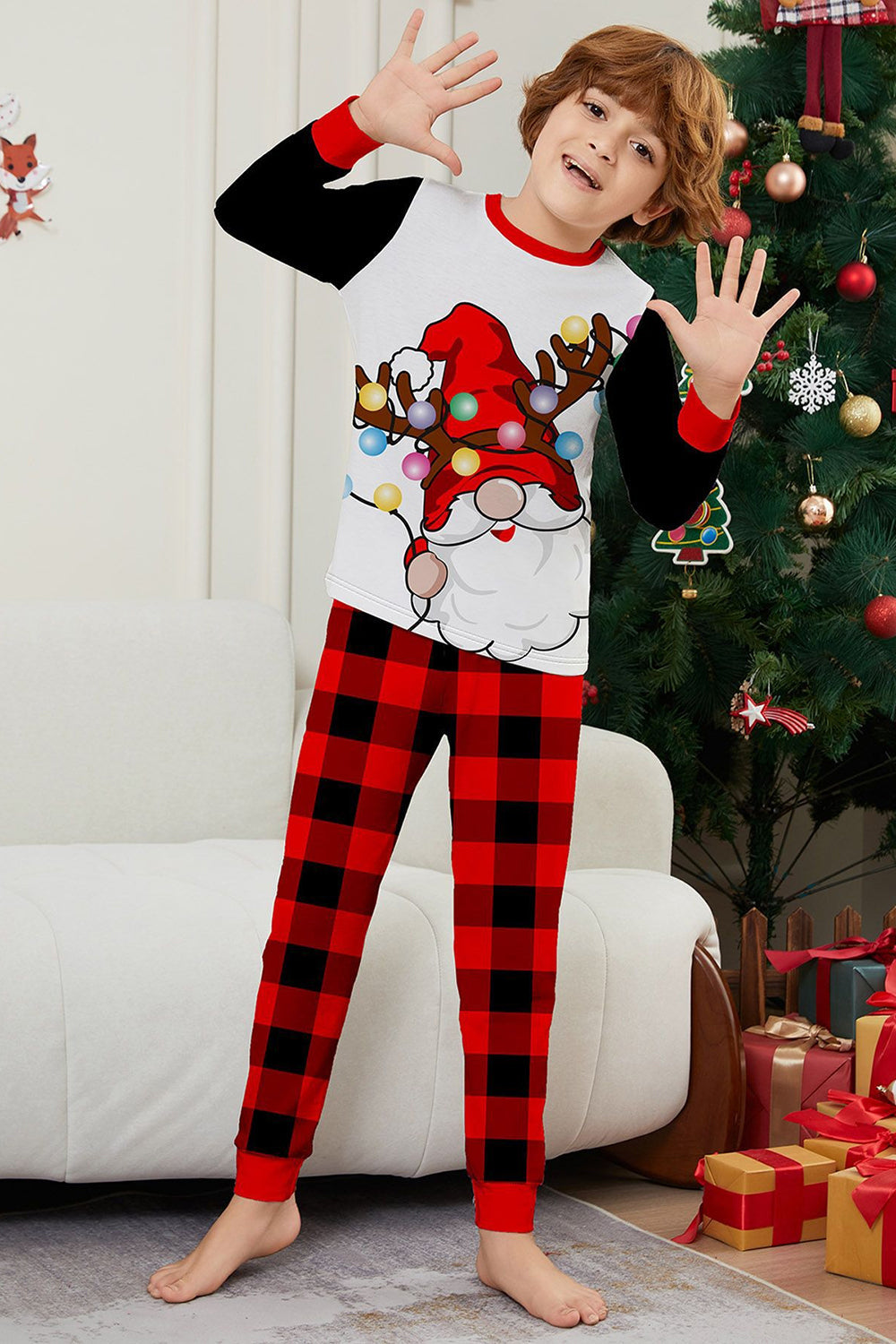 Black Red Santa Printed Plaid Pants Christmas Family Matching Pajamas