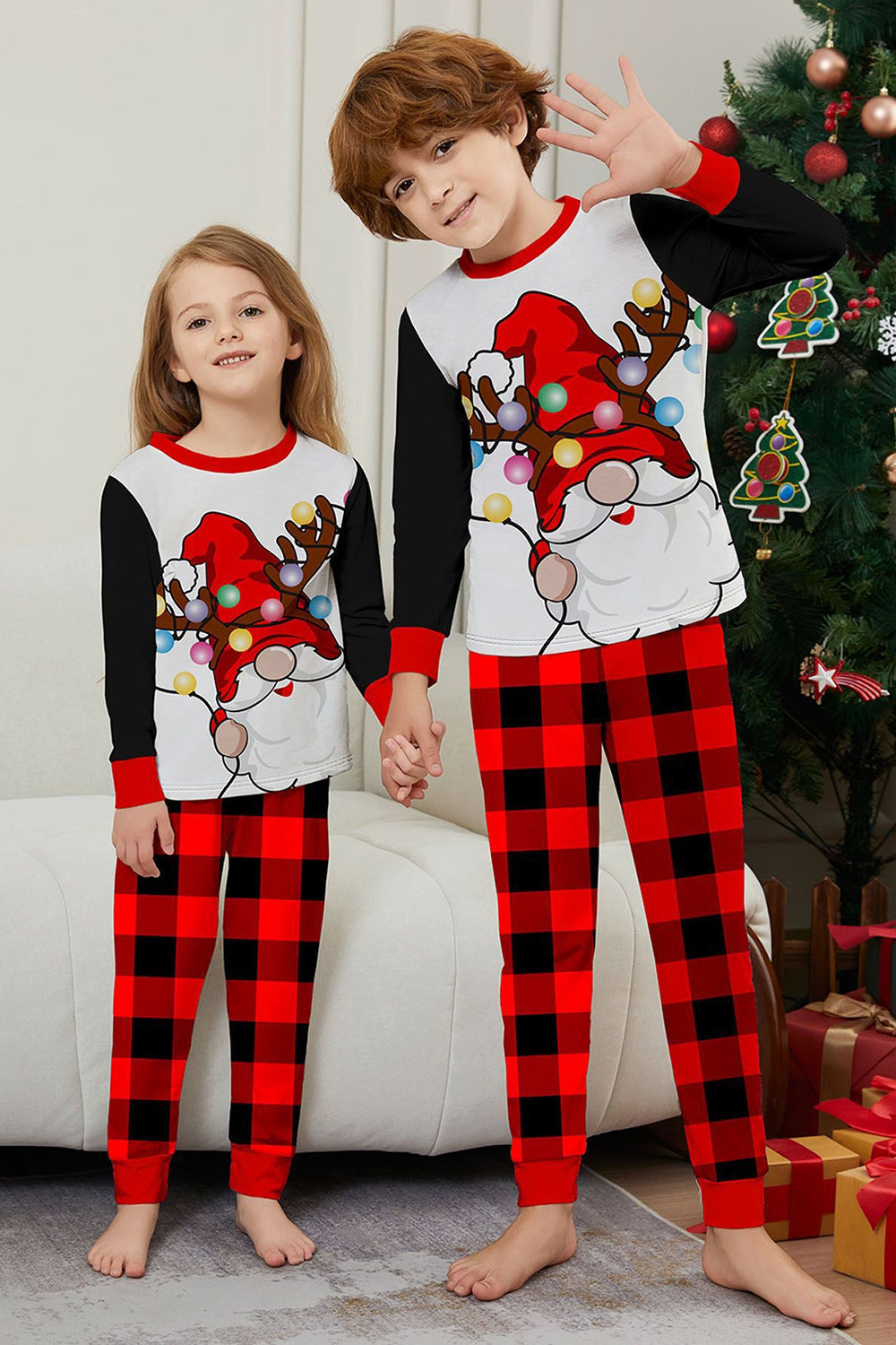 Black Red Santa Printed Plaid Pants Christmas Family Matching Pajamas