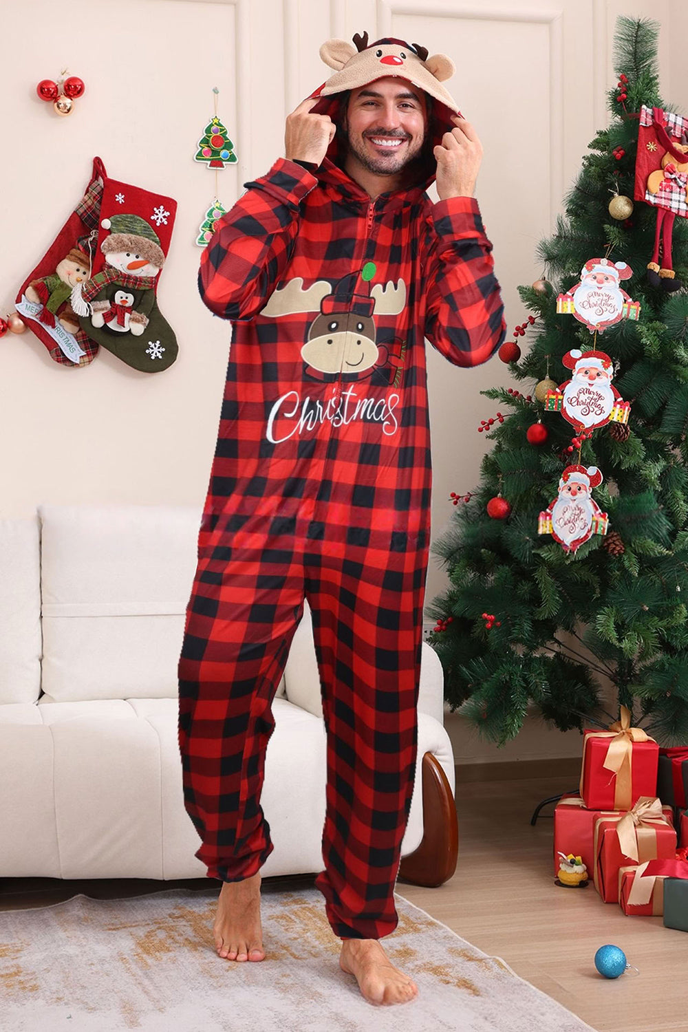 Red One Piece Deer Printed Plaid Christmas Family Matching Pajamas