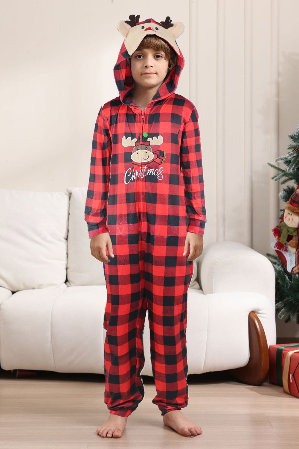 Red One Piece Deer Printed Plaid Christmas Family Matching Pajamas