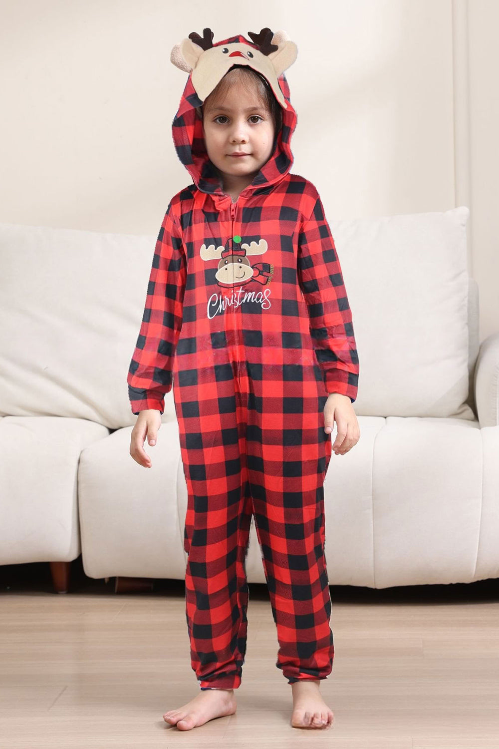 Red One Piece Deer Printed Plaid Christmas Family Matching Pajamas