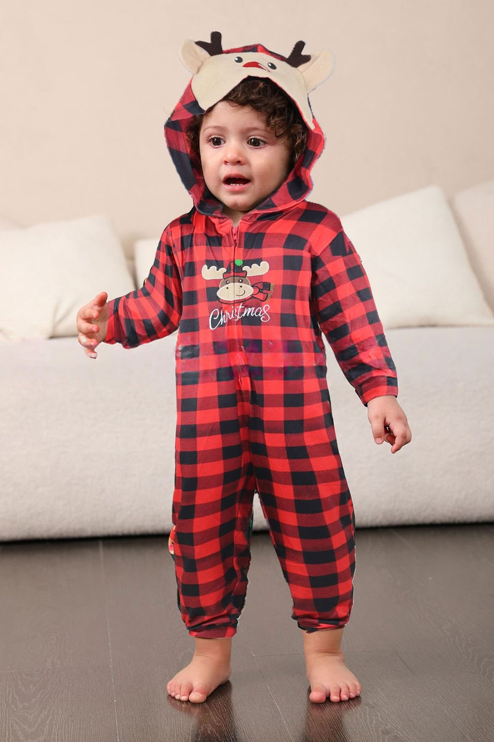 Red One Piece Deer Printed Plaid Christmas Family Matching Pajamas
