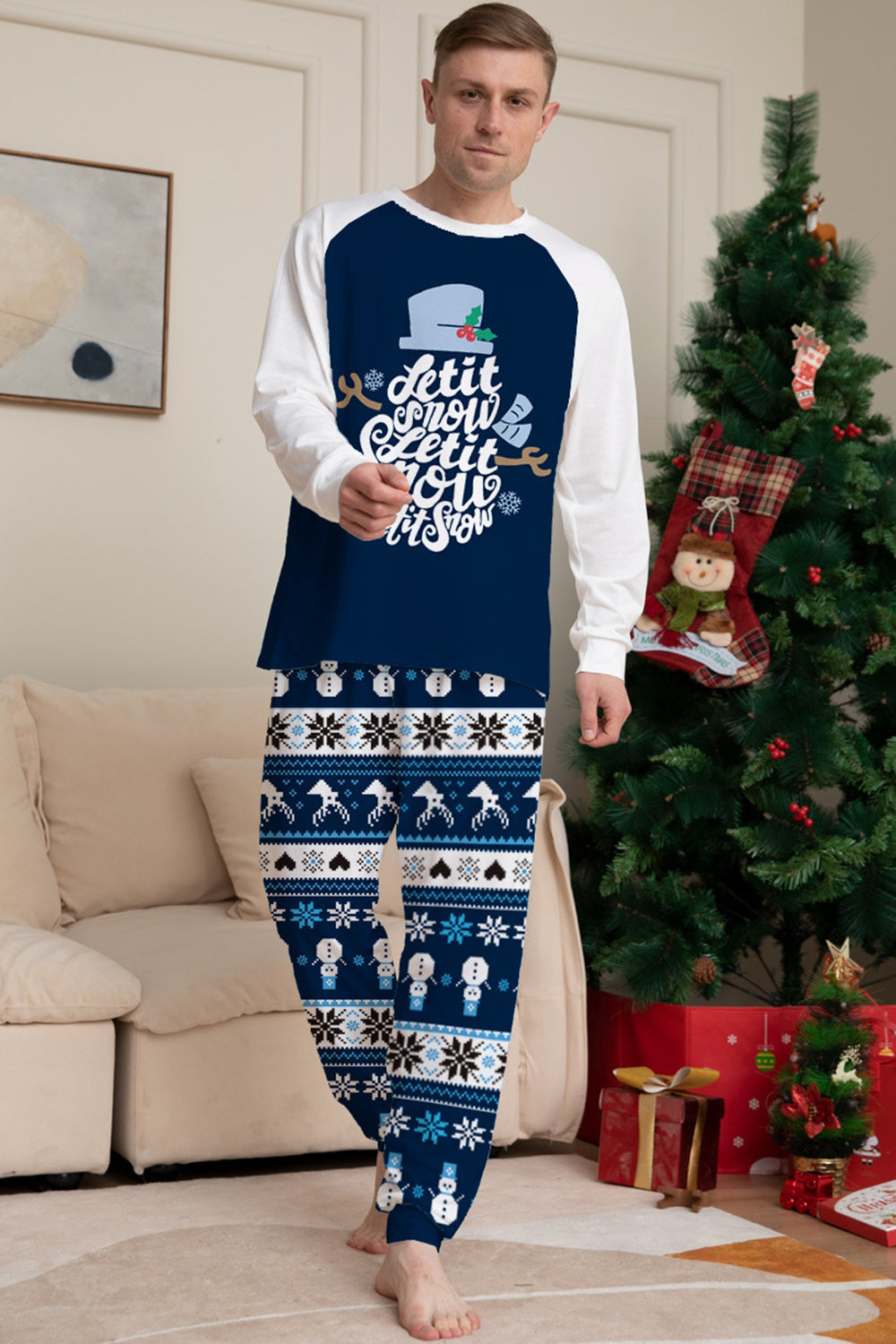 Dark Blue Snowflake Printed Long Sleeves Christmas Family Matching Pajamas
