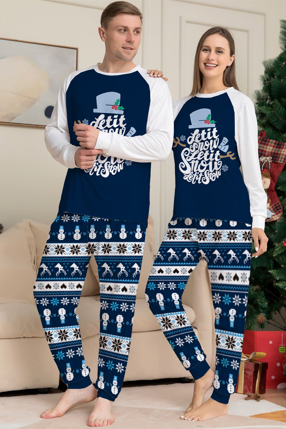 Dark Blue Snowflake Printed Long Sleeves Christmas Family Matching Pajamas