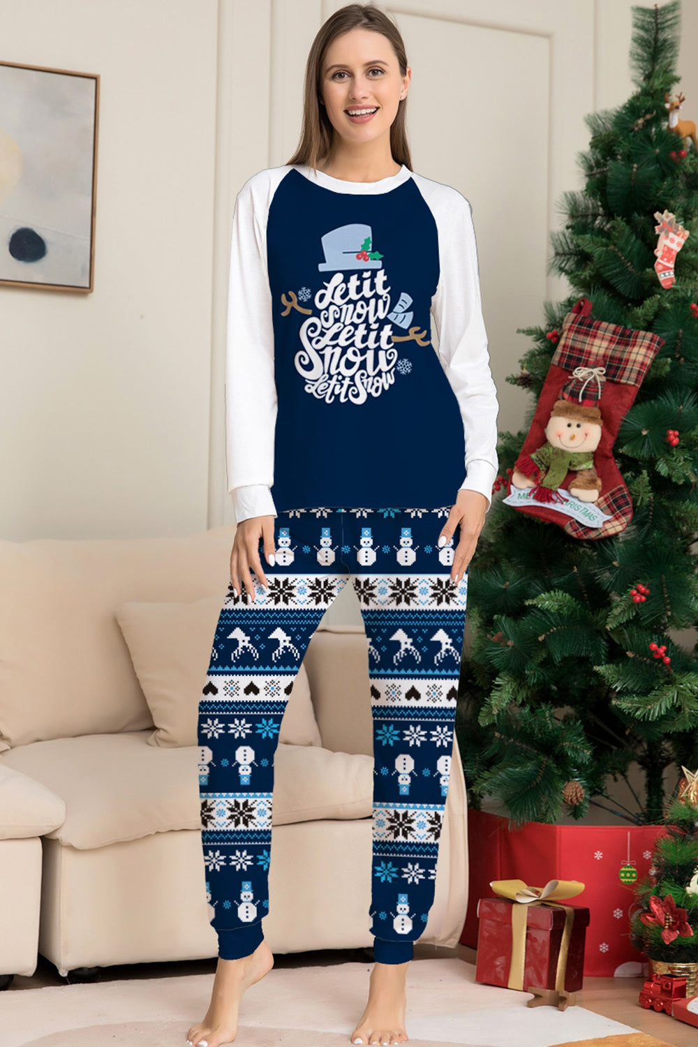 Dark Blue Snowflake Printed Long Sleeves Christmas Family Matching Pajamas