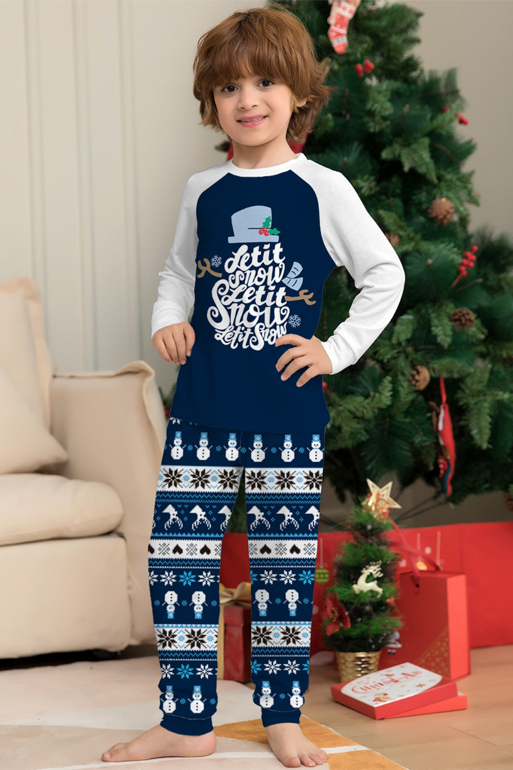 Dark Blue Snowflake Printed Long Sleeves Christmas Family Matching Pajamas