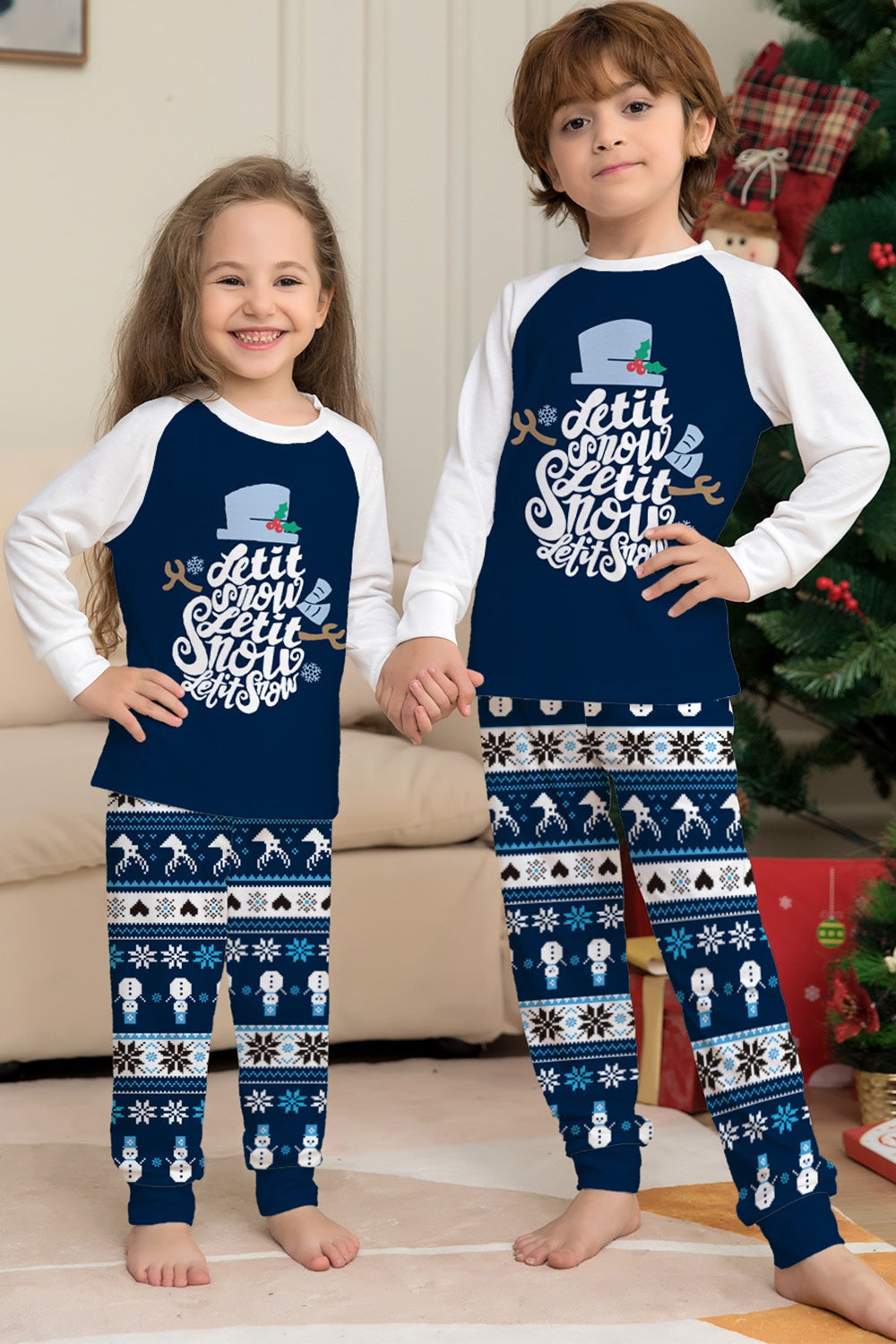 Dark Blue Snowflake Printed Long Sleeves Christmas Family Matching Pajamas