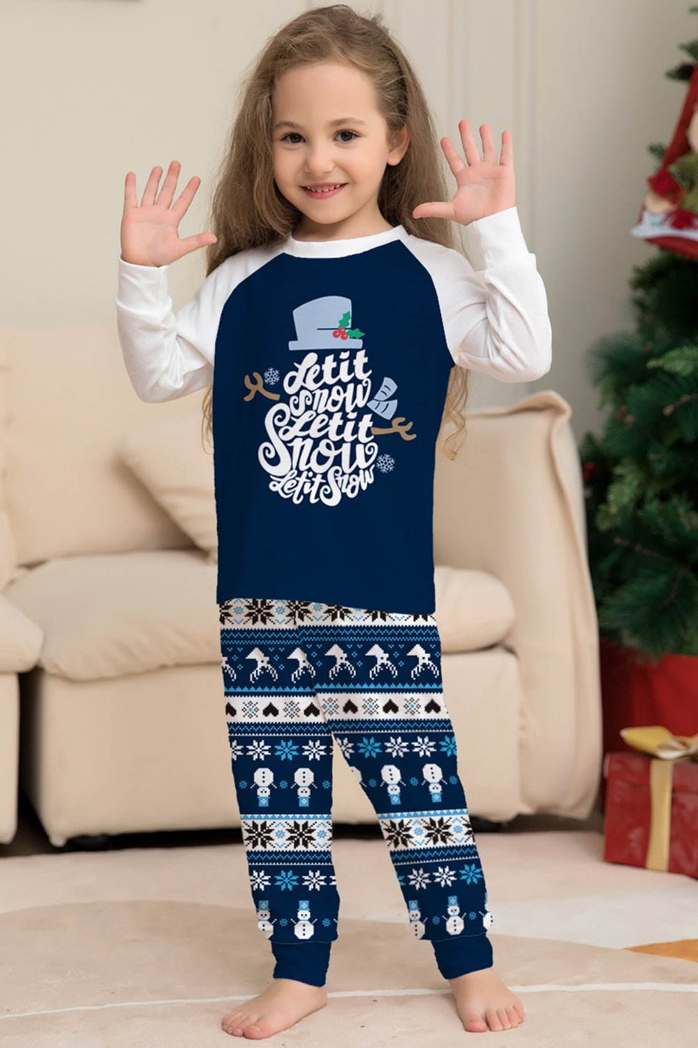 Dark Blue Snowflake Printed Long Sleeves Christmas Family Matching Pajamas