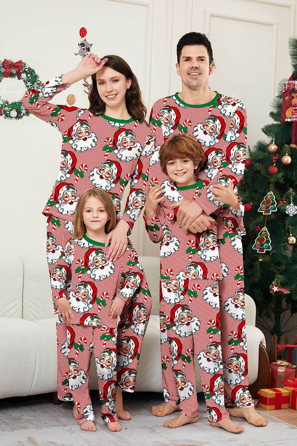 Red Striped Long Sleeves Santa Printed Christmas Family Matching Pajamas