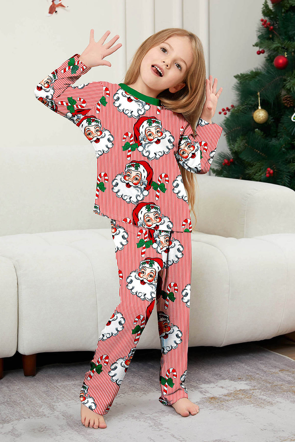 Red Striped Long Sleeves Santa Printed Christmas Family Matching Pajamas