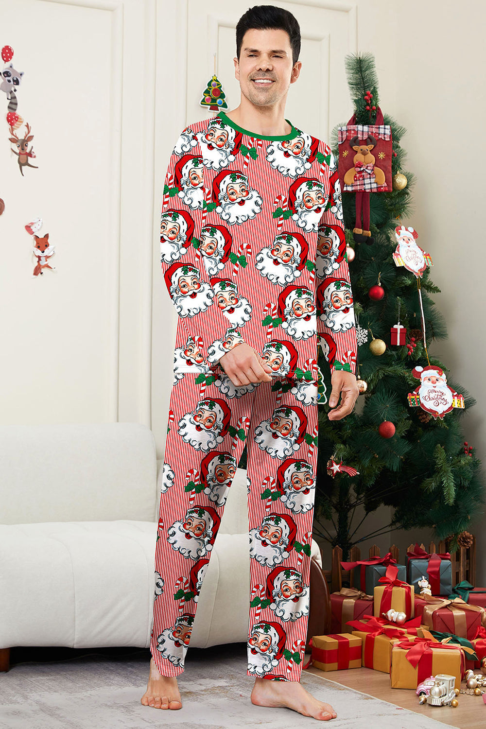 Red Striped Long Sleeves Santa Printed Christmas Family Matching Pajamas
