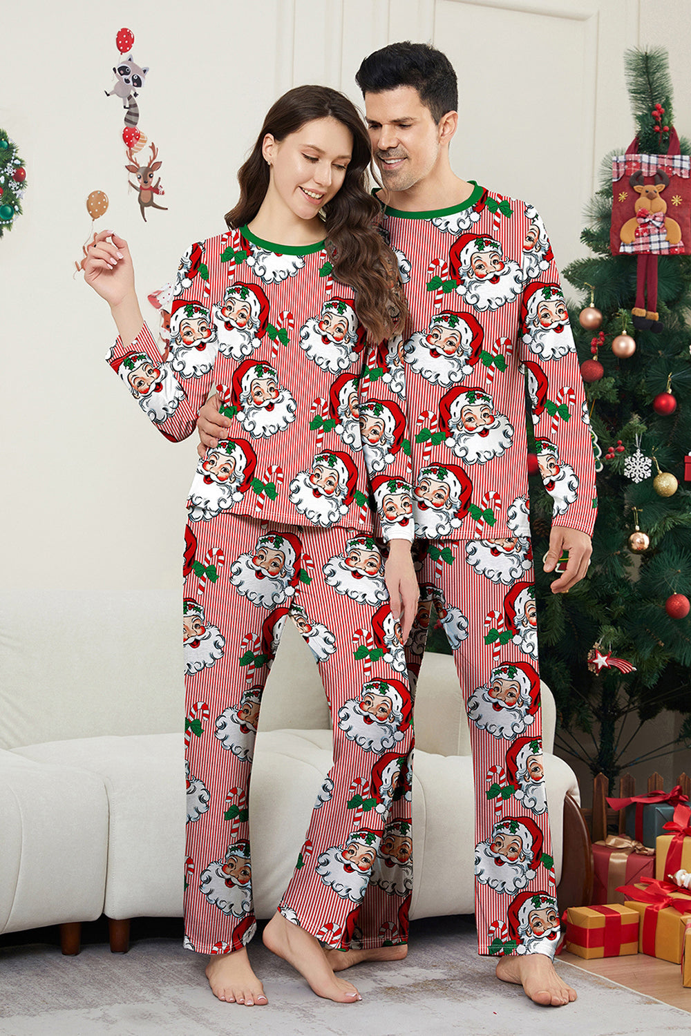 Red Striped Long Sleeves Santa Printed Christmas Family Matching Pajamas