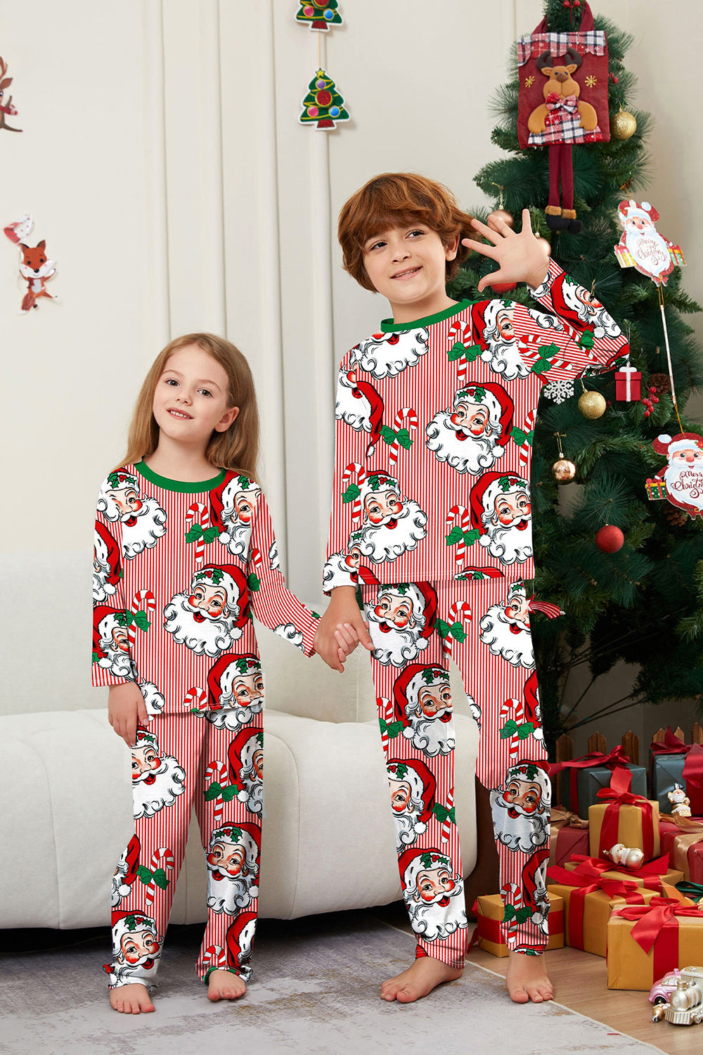 Red Striped Long Sleeves Santa Printed Christmas Family Matching Pajamas