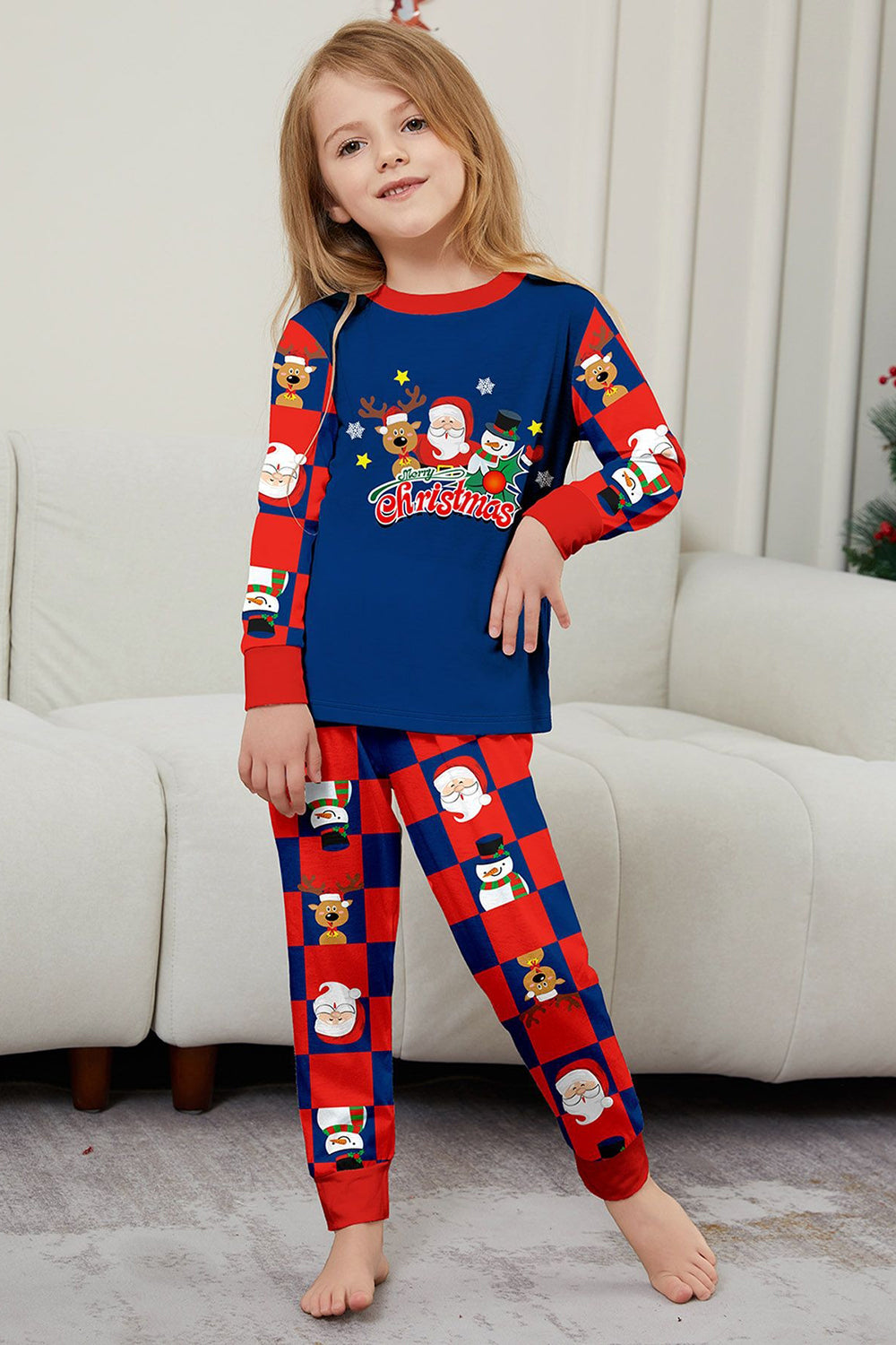 Dark Blue Plaid Pants Printed Long Sleeves Christmas Family Matching Pajamas