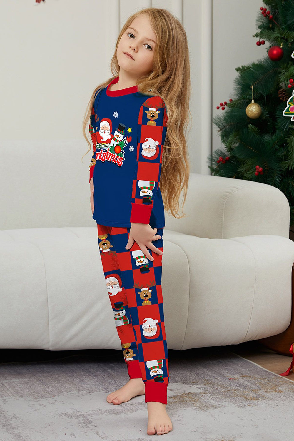Dark Blue Plaid Pants Printed Long Sleeves Christmas Family Matching Pajamas
