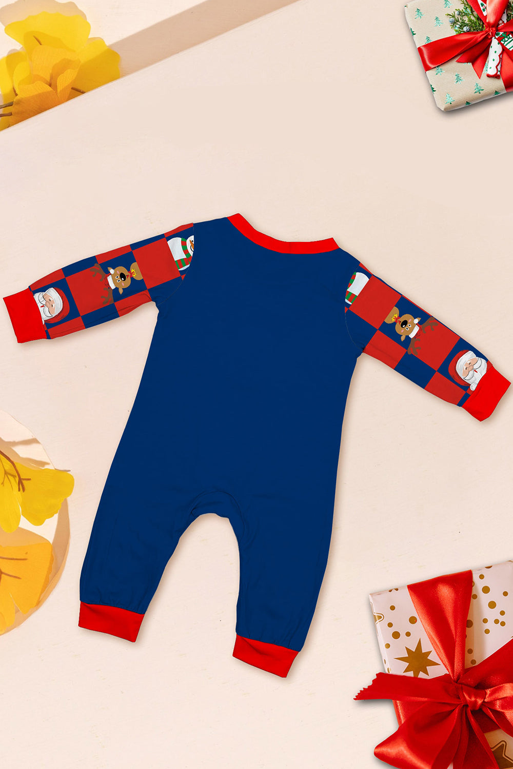 Dark Blue Plaid Pants Printed Long Sleeves Christmas Family Matching Pajamas