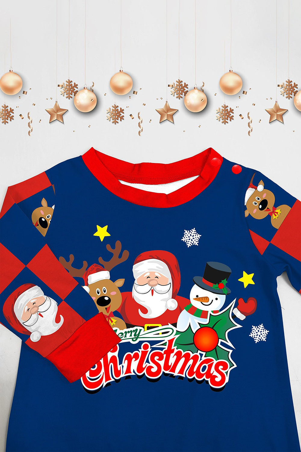 Dark Blue Plaid Pants Printed Long Sleeves Christmas Family Matching Pajamas