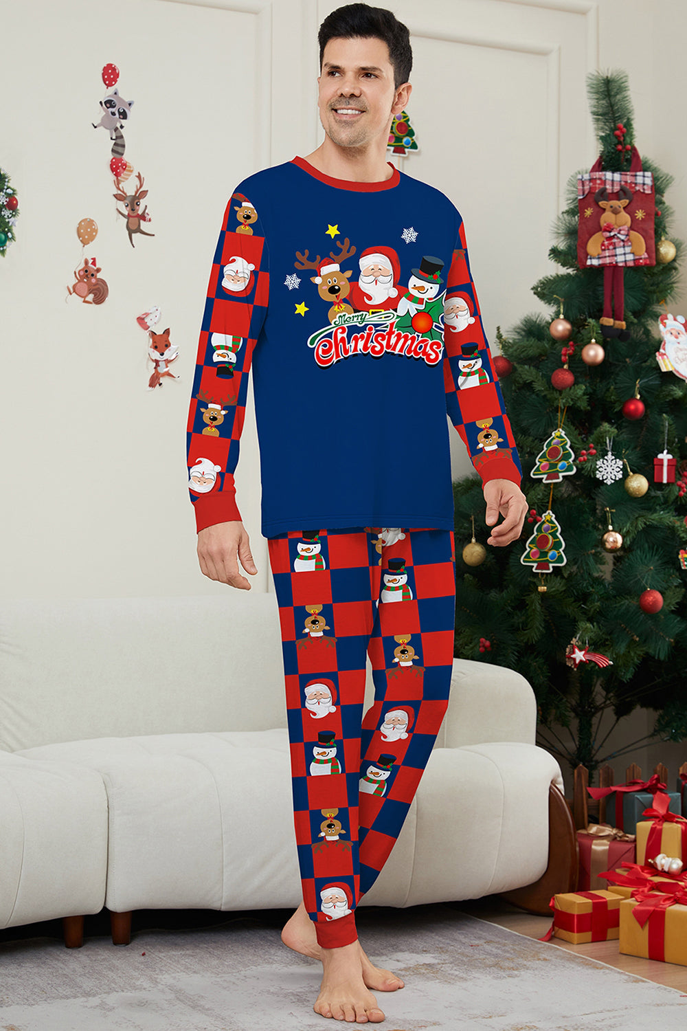Dark Blue Plaid Pants Printed Long Sleeves Christmas Family Matching Pajamas