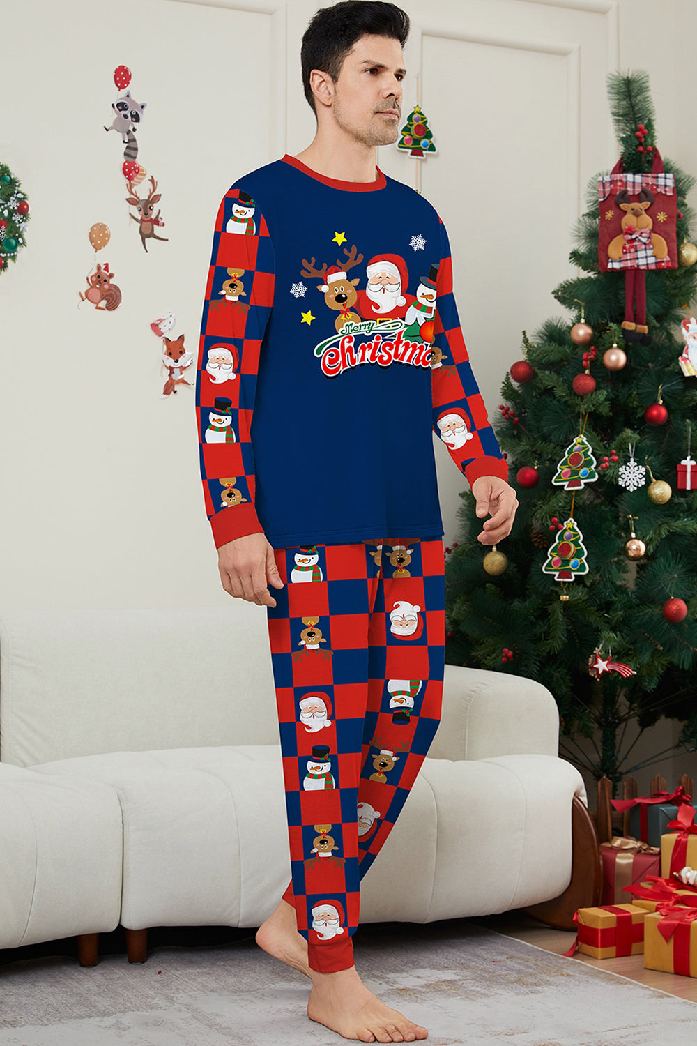 Dark Blue Plaid Pants Printed Long Sleeves Christmas Family Matching Pajamas