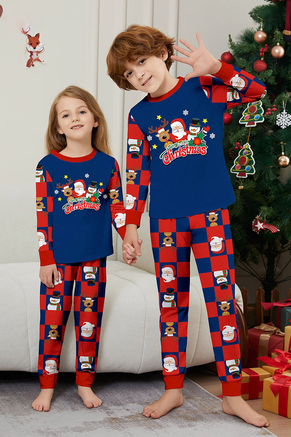 Dark Blue Plaid Pants Printed Long Sleeves Christmas Family Matching Pajamas