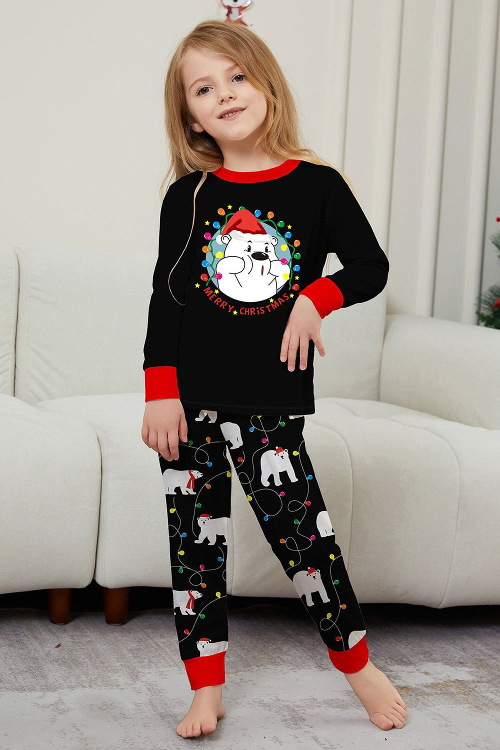 Black Long Sleeves Pear Pattern Printed Christmas Family Matching Pajamas