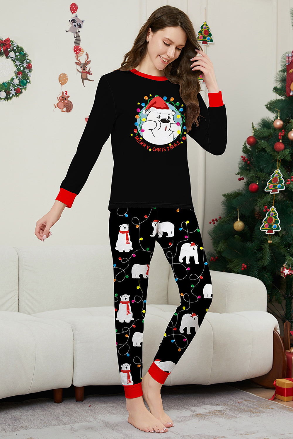 Black Long Sleeves Pear Pattern Printed Christmas Family Matching Pajamas