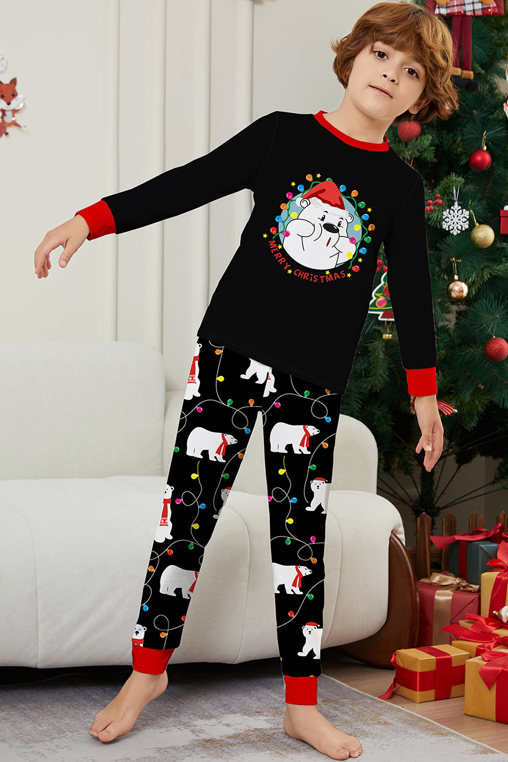 Black Long Sleeves Pear Pattern Printed Christmas Family Matching Pajamas