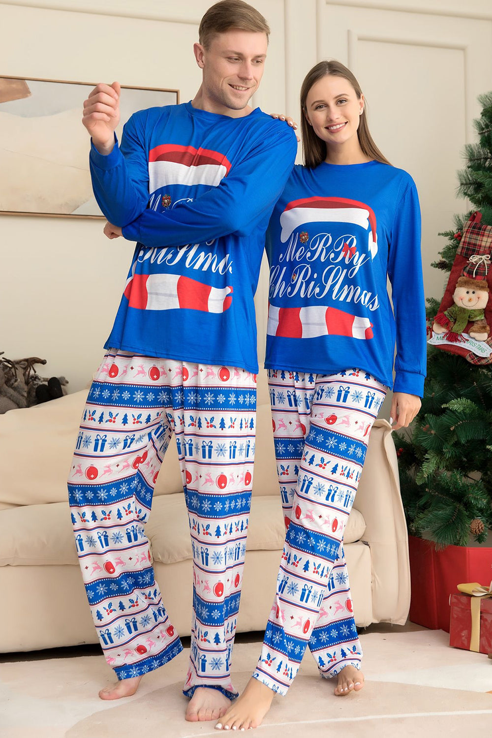 Blue Merry Christmas Printed Long Sleeves Family Matching Pajamas