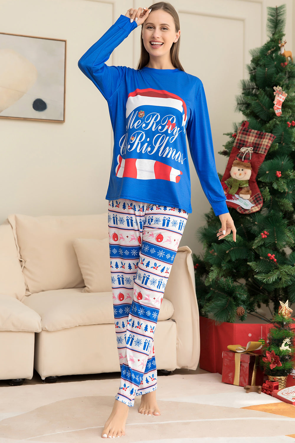 Blue Merry Christmas Printed Long Sleeves Family Matching Pajamas